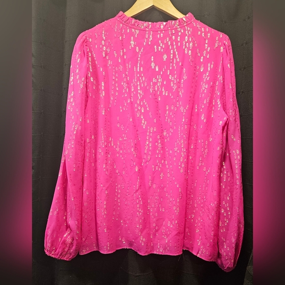 Lilly Pulitzer Pink Topaz Silk Metallic Gold Ruffle V-Neck Blouse Large - Picture 7 of 7